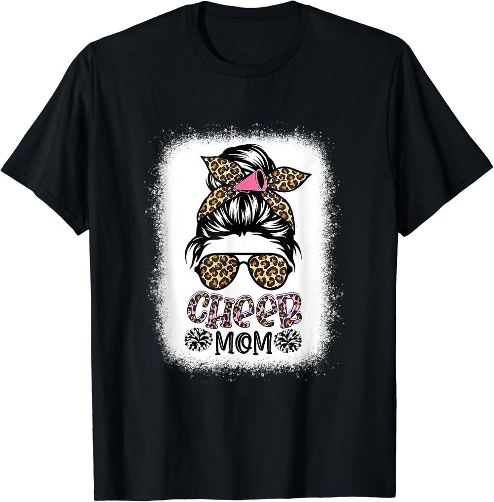 Cheer Mom Leopard Messy Bun Short Sleeve Graphic T-Shirt Women's Size Large